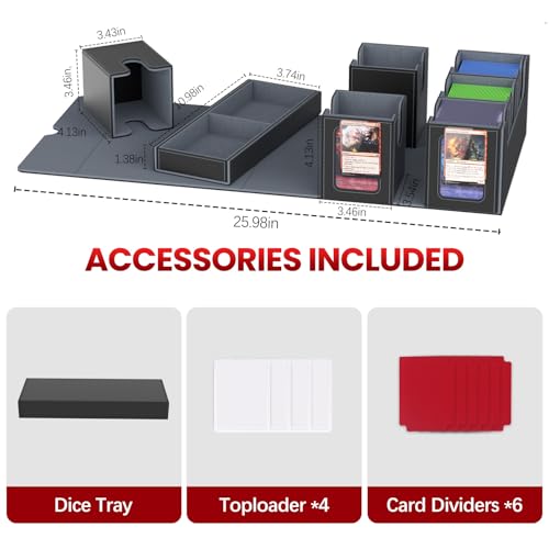 Gomyrod Card Deck Box with 4 Commander Display & Dice Tray (Black & Grey) | 7 In 1 MTG Commander Deck Box, Fits 240+ Toploader Cards, Removable Deck Case, Compatible for Magic/TCG/Sports/Baseball Cards - color: Black & Grey