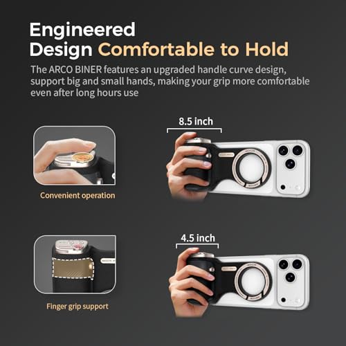 Upgraded Mag-Safe Magnetic Camera Handle Grip with Extended Magnetic Phone Mount with Carabiner & Thumb Rest, Detachable Rechargeable Shutter Remote Compatible with iPhone Pro Max for Video Calls/TK - color: Black, size: ARCO Biner