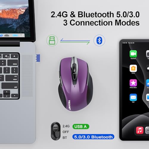 TECKNET Wireless Mouse, BT 5.0/2.4G, Silent 4800 DPI 6 Buttons, Purple | Bluetooth 5.0/3.0 & USB A, 2-Device Easy Switch, Wide OS Compatible, 6-DPI, Ergonomic for S/M Hands, Extended Battery - color: Purple