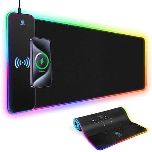 RGB Gaming Mouse Pad with Wireless Charging 15W, XXL Extra Large LED Mousepad 800x300x4mm, 13 Light Modes Mouse Mat Non-Slip Rubber Base, Waterproof Computer Pad for Home Office Gaming Desk Decor