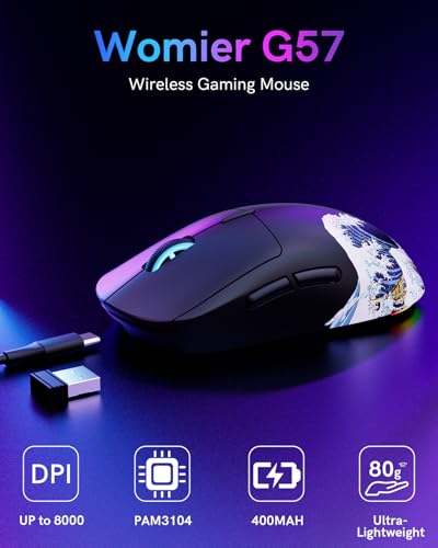 G57 Wireless Gaming Mouse, 8000 DPI, 80g, 2.4G/Bluetooth/USB-C Rechargeable Wireless Mouse with 5 Programmable Buttons for PC/Mac, Black - color: Black