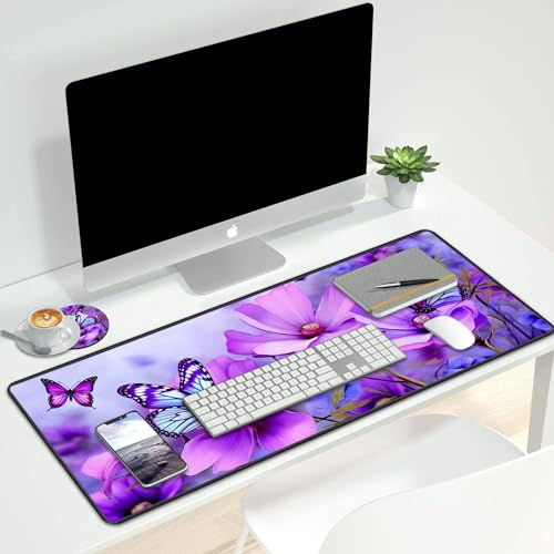 Desk Pad Mat Gaming Mouse Pads with Coasters,Stitched Edges Design Mouse Pad XXL Large Mouse Pad for Laptop Computers Purple Flowers and Butterflies Desk Writing Mat for Office & Home - color: Purple Flowers and Butterflies