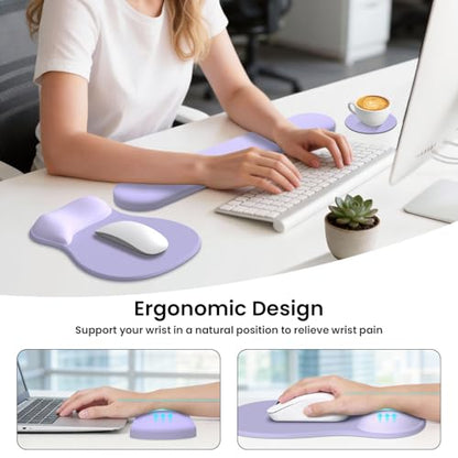 AKIT Ergonomic Mouse Pad and Keyboard Wrist Rest, 3-in-1 Memory Foam Wrist Rest for Computer Keyboard, Non-Slip Base, Pain Relief, Gel Mousepad Set for Gaming, Home and Office, Purple - color: Purple