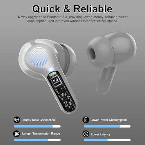 Wireless Earbuds, Bluetooth 5.4 Headphones HiFi Stereo, Bluetooth Earbuds with ENC Noise Cancelling Mic, IP7 Waterproof in Ear Earphones, 48H, LED Display Ear buds for Pad Workout Sports, Grey - color: Grey