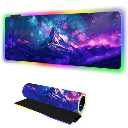 RGB Mouse Pad Led Desk Mat I 31.5 x 11.8 Inch Large Mouse Pad I XL Oversized Big Mouse mat 14 Led Light Modes I Anti-Slip Rubber Base Waterproof Keyboard Pad for PC Gaming I Starry Mountains - color: Starry Mountains