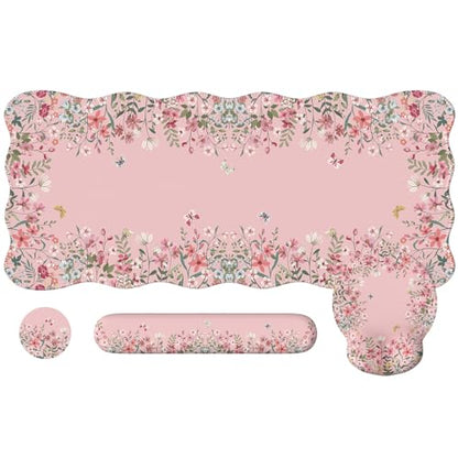 iCasso Desk Mat Set,Large Mouse Pad with Wrist Rest,Ergonomic Keyboard Wrist Support for Women,Girly Floral Computer Mat with Scalloped Edges,Non-Slip Desk Pad Home Office Gaming (Pink) - color: Pink
