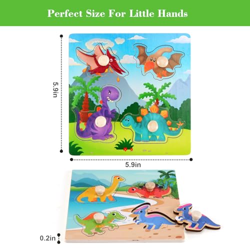 Wooden Peg Puzzles for Toddlers 1-3, Kids Educational Preschool Peg Puzzle Toy Ages 2-4, Set of 4 Dinosaur Toddler Puzzles, Ideal Gift for Ages 1 2 3 4 Boys and Girls - color: Style B
