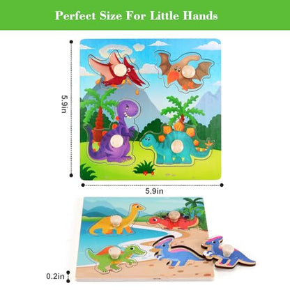 Wooden Peg Puzzles for Toddlers 1-3, Kids Educational Preschool Peg Puzzle Toy Ages 2-4, Set of 4 Dinosaur Toddler Puzzles, Ideal Gift for Ages 1 2 3 4 Boys and Girls - color: Style B