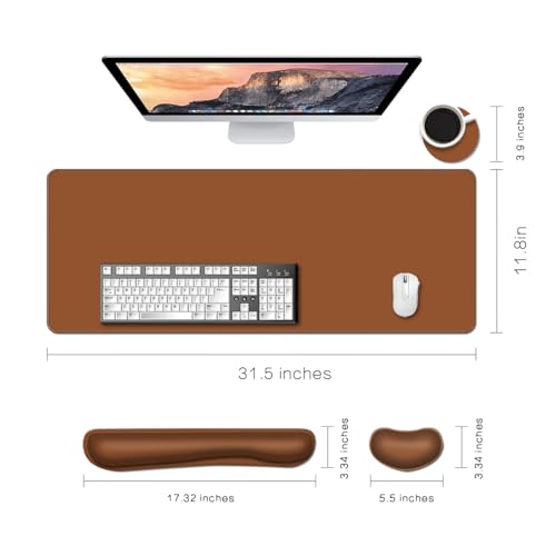 Desk Mat, Large Gaming Mouse Pad with Wrist Rest, 4 in1 XXL Mouse pad+Keyboard Wrist Rest+Mouse Pad Wrist Support+Cup Coaster Set, Ergonomic Desk Pad for Home Office, Coffee Brown - color: Coffee Brown