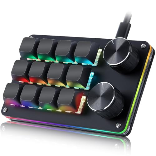 Koolertron Macro Programmable Keypad, One Handed Programmable Mechanical Keyboard, RGB Blue Switch Hot Swappable, 12 Keys 2 Knob Backlit Keypad for Working and Gaming, Black - size: 12-key (2 Knob)
