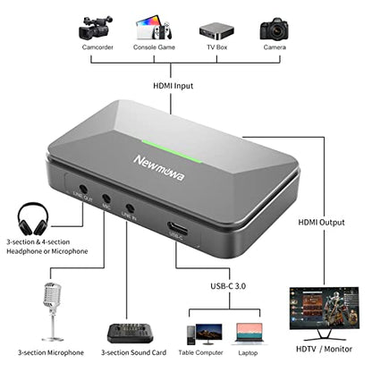 Newmowa HDMI Capture Card 1080P USB3.0 Audio for Streaming OBS/Zoom | Video Capture Device for Gaming Teaching Live Streaming Video Recorder, Compatible with Windows Mac OS System