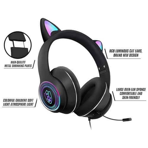 Cat Ear Gaming Headphones Wired AUX 3.5mm with LED Light, VIGROS Flashing Stereo Game Headphones Surround Sound Over-Ear Headsets with Microphone Fit Kids & Adult for PC, PS4, Switch, Mobile, Laptop - color: Black
