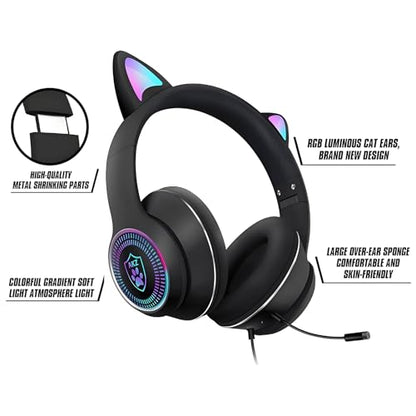Cat Ear Gaming Headphones Wired AUX 3.5mm with LED Light, VIGROS Flashing Stereo Game Headphones Surround Sound Over-Ear Headsets with Microphone Fit Kids & Adult for PC, PS4, Switch, Mobile, Laptop - color: Black
