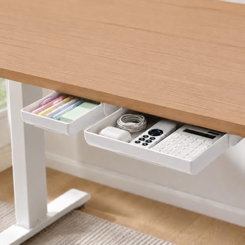 YOOUSOO 2 Pack Under Desk Storage Drawer Organizer, Hidden Slide Out Drawer Attachment, with Self - Adhesive Feature for Desktop and Table Organization, Hidden Under Desk - color: White:1small+1large