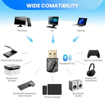 Bluetooth 5.4 USB Adapter for PC - Wireless Dongle Transmitter/Receiver, Plug & Play for Windows 11/10/7, Supports Keyboard/Mouse/Headphones/Speakers/Game Controller (BR+EDR+BLE Dual Mode) - style: BT5.4