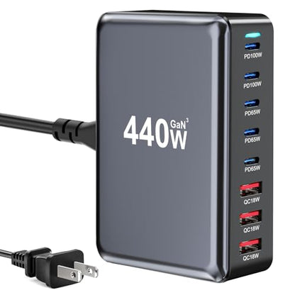 440W USB C Fast Charger Block, Multi-port USB Charging Station, GaN Ⅲ Double 100W PD PPS Port Fast Charging Station for Multiple Devices,Laptop Wall Charger Compatible with MacBook, iPhone 17,iPad etc - size: 440W