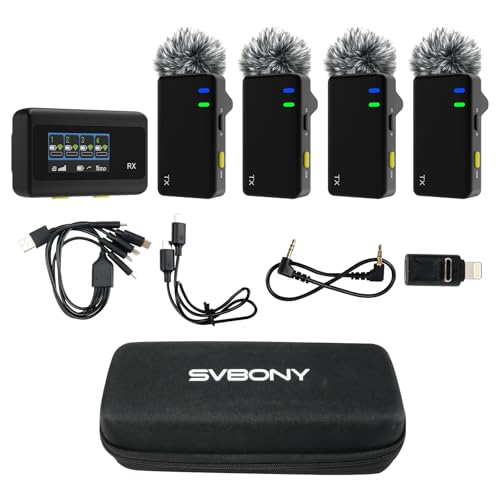 SVBONY D4 4-Person Wireless Lavalier Microphones Systems for Interviews | Compatible with iPhone Android Camera, Safety Track, 656ft Range, 2-Level Noise Reduction, Magnetic Mount