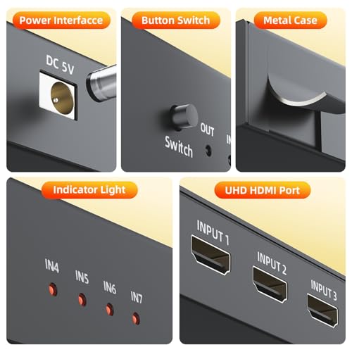BolAAzuL 7 Port HDMI Switch 7 in 1 Out 4K@60Hz HDMI Selector Box w/Power | Hub HDMI Switcher 7x1 HDMI Port Expander 7-Way Support 3D HDCP2.2 HDR for NS PS5 Xbox Series X HDTV PC Roku Fire Stick