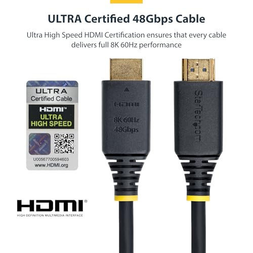 StarTech 1.6ft Ultra High Speed HDMI Cable, 8K 60Hz, HDR10+, 48Gbps | 8K 60Hz/4K 120Hz, HDMI 2.1 Cord with HDR10+ / eARC, Certified, HDMI21-CBL-8K60-50CM - size: 1.6 ft