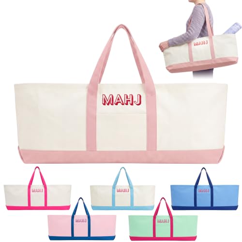Mahjong Bag for Tiles and Racks Empty American Mahjong Tiles Carrying Tote 31.5 x 12 x 4 Inches Canvas Tile Games Accessories Gifts for Card Pushers Rack Mat Carrying, Case Only(Pink) - color: Pink