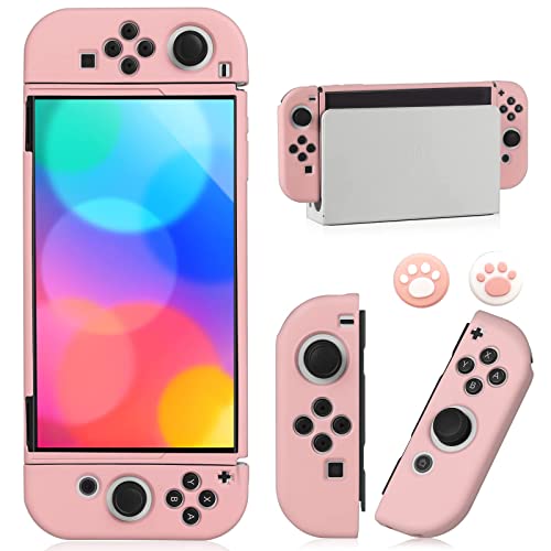 Switch OLED Case for Nintendo Switch OLED Model, Dockable Cover Soft TPU Protector Case for Switch OLED Grips & Console and Accessories with 2 Pcs Thumb Caps, Pink - color: Pink