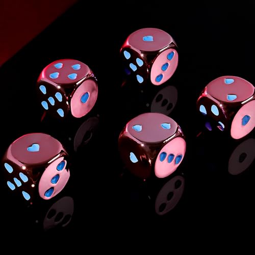 16mm Pink Metal Dice Set - 5-Piece Solid Iron Dice with Case, 6-Sided Metal Dice for Board Games, Poker Parties, Tabletop RPG, Geek Gifts - color: Pink