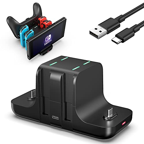 GLDRAM 6 in 1 Switch Charger Dock Station for Nintendo Switch & OLED & Lite, Charging Dock Storage Stand for Nintendo Switch JoyCon and Pro Controller with USB C Charging Cable, Black