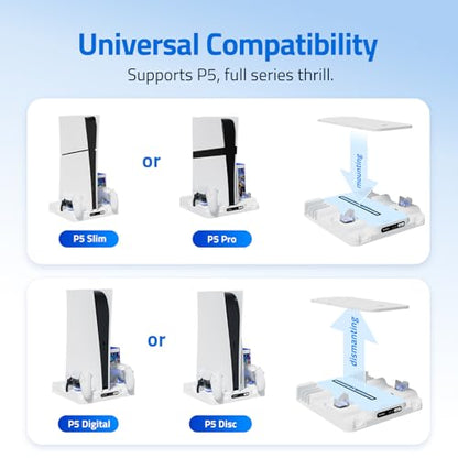Cooling Station Stand for PS, Cooling Fan Station with Dual Controller Charger Compatible with P5 Pro/Slim Console, Cooler Station Stand for Ps Accessories with 3-Level Fan&LED Light