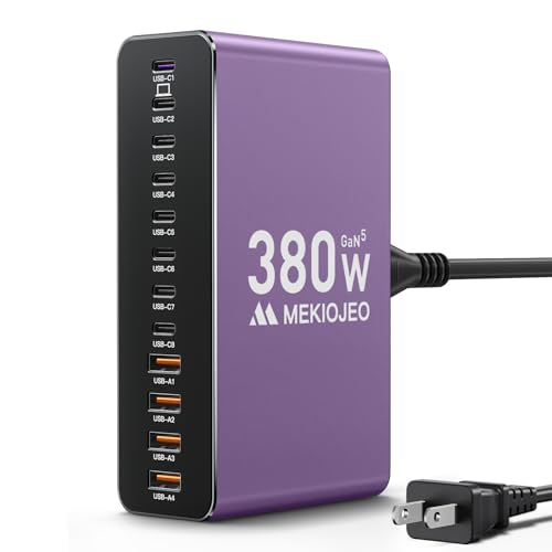 12 Ports Aluminum Alloy 380W Charging Station Fast USB C Charger Block | 65W Laptop GaN Charger for MacBook Pro/Air/iPad Pro/iPhone (Purple) - color: Purple