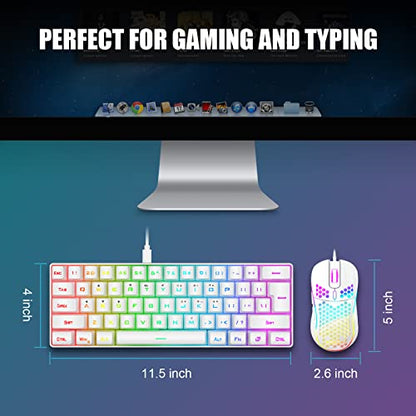 RedThunder 60% Mini Gaming Keyboard and Mouse Combo, Lightweight, Ultra-Compact 61 Keys RGB Backlit,7200 DPI Honeycomb Optical Mouse, Wired Gaming Set for PC MAC PS5 Xbox Gamer(White) - style: 01 White Wired Combo