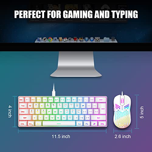 RedThunder 60% Mini Gaming Keyboard and Mouse Combo, Lightweight, Ultra-Compact 61 Keys RGB Backlit,7200 DPI Honeycomb Optical Mouse, Wired Gaming Set for PC MAC PS5 Xbox Gamer(White) - style: 01 White Wired Combo