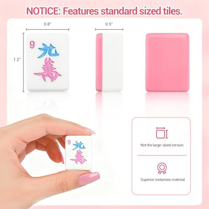 American Mahjong Tile Set, 166 Tiles (1.2”), Cute Mini Mahjong Tiles- Pink | Mahjong Tile Set with Carrying Bag, Dice, Mat, Portable Travel Complete Game Set for Home Outdoor Enthusiast Gift - color: Pink