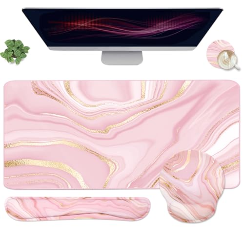 4-in-1 Gaming Mouse Pad Wrist Support Set，Desk Pad + Mouse Pad with Wrist Rest + Keyboard Wrist Rest + Coaster, Ergonomic Design for Home Office Study Game - Pink Fluid - color: 4 Pcs Pink Marble