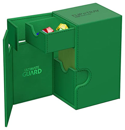 Ultimate Guard Flip'n'Tray 80+, Deck Case for 80 Double-Sleeved TCG Cards + Dice Tray, Green, Independent Magnetic Closure & Microfiber Inner Lining - color: Green, size: 80+