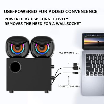 2.1 Computer Speakers, Gaming Stereo System with RGB Subwoofer, Wired USB Powered 3.5mm Auxiliary Speakers for PCs, Laptops, Tablets, Phones - Black