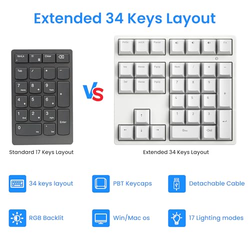 Gurjot Number Pad，Mechanical USB Wired Numeric Keypad with RGB LED Backlit,34 Keys Numpad Keyboard with PBT Keycaps Blue Switches for Windows/Mac Laptop,Computer,Desktop,PC,Notebook (White) - color: white