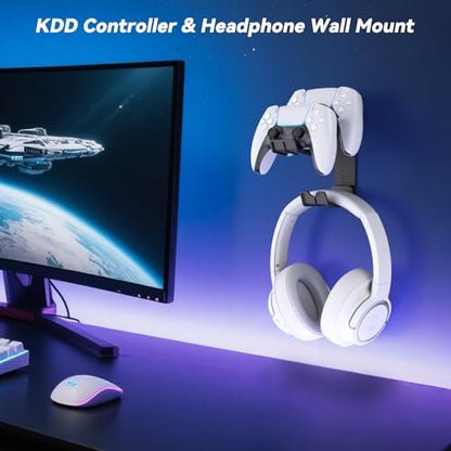 KDD Dual Controller & Headphone Holder Stand Wall Mount - Gaming Headset Hanger with Adhesive or Screws Install for Xbox Series X/S, PS5/4/3, Switch, STEAM, Universal PC Gamepad Accessories