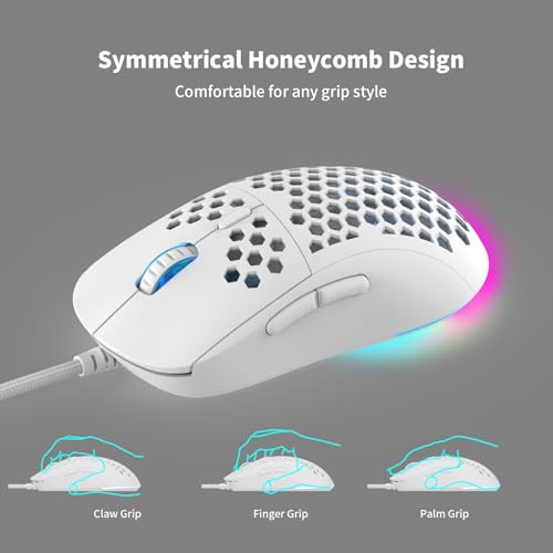 MR.FOX M1 Ultralight Honeycomb Gaming Mouse Wired, 75g Lightweight, 12,800 DPI Optical Sensor, RGB Lighting with Music Sync, 6 Programmable Buttons, Braided Cable, Gaming Mouse for PC/Mac, White - color: White