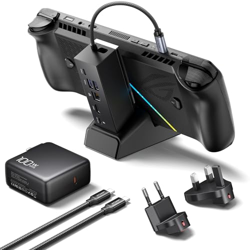 JSAUX Docking Station & 100W Charger for ROG Xbox Ally X (2025)/ROG Ally X/Steam Deck/Legion Go, 6-in-1 Dock with HDMI 4K@120Hz, Gigabit Ethernet, Dual USB A & USB C 3.2 Gen 1, 100W Charging - HB0609 - color: Black with Charger
