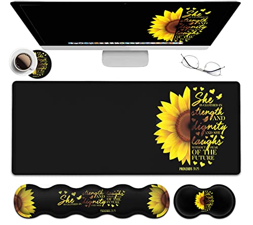 Gaming Black Mouse Pad + Keyboard Wrist Rest XL Large Mouse Mat Sunflower Christian Verse Proverbs 31-25 Extended Desk Pad Non-Slip Rubber Mice Pads Stitched Edges Pad (31.5x11.8 in) - color: JV-mouse pad-8-3