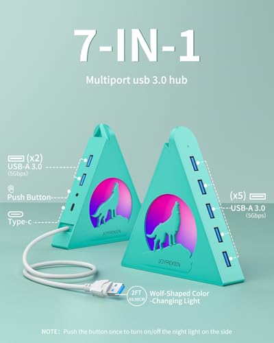 Green 7-Port USB 3.0 Hub,Vertical USB Hub Tower with RGB Lighting & 5Gbps Data Speed, 2FT Cable - Gaming USB Hub Splitter for PC, Desktop, Laptop, PS5, Xbox, Flash Drives - color: Green