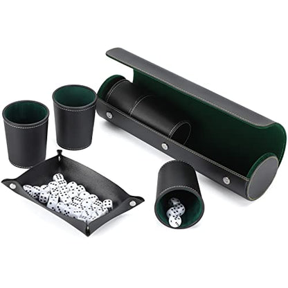 PU Leather Dice Cup Set with 5 Leather Dice Cups+25 Dice Velvet Interior Quiet in Shaking for Liars Dice Farkle Yahtzee