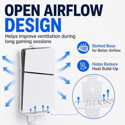 Heavy-Duty Steel Wall Mount Kit Compatible with PS5 Slim, Pro and Original | Secure EVA-padded support, complete install kit, easy setup, open airflow, holders for 2 controllers and headset - color: White