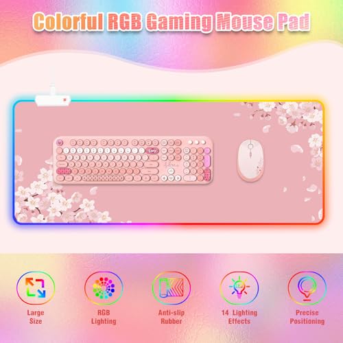 Japanese Sakura RGB Mouse Pad for Gaming I Large Mousepad with 14 Led Modes I Keyboard Pad Gaming Desk Mat I Non-Slip Rubber Base Mouse Mat I 900x400x4mm Waterproof Mousepad I Pink Cherry Blossom - color: Pink Cherry Blossom