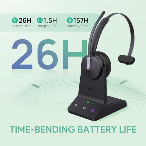 Yealink WH64 Mono DECT & Bluetooth Wireless Headset for Phone PC Cellphone | Teams Certified Single On Ear Headset, 3X Noise Canceling Mic, 26H Talk Time, 606 ft Long Range for Office Call Center