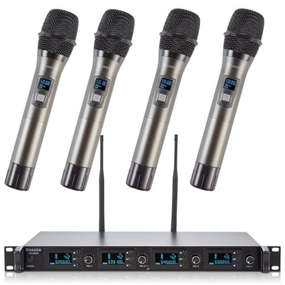 Wireless Microphone System, 4-Channel UHF Wireless Mic, Fixed Frequency Metal Cordless Mic with 4 Handheld Dynamic Microphones, 200ft Range, Mics for Singing, Church (4 Handheld) - size: 4 Handheld