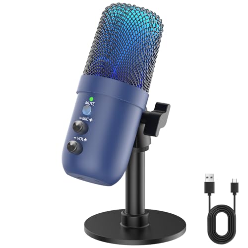 USB Microphone, Computer Condenser Mic with Noise Cancellation, Echo Mode, RGB Lighting, Mute Button, Plug & Play Gaming Mic for PC, Mac, PS5, Streaming, Recording, Podcasting & Online Meetings Blue - color: Blue