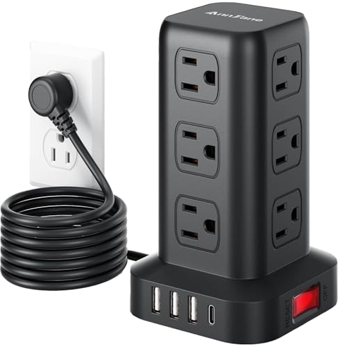 Power Strip 6.5 FT Cord, Power Strip Tower with 4 USB Ports (1USB C), Extension Cord with 12 AC Multiple Outlets, Home Office Supplies Desk Accessories, Dorm Room Essentials - color: Black, size: 6.5FT