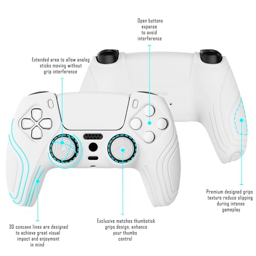 eXtremeRate PlayVital Samurai Edition White Anti-Slip Controller Grip Silicone Skin for ps5, Ergonomic Soft Rubber Protective Case for ps5 Controller with White Thumb Stick Caps - color: White