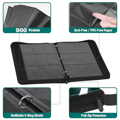 Trading Card Binder, 900 Pockets, 50 Sheets 9-Pocket, Refillable 3-Ring, Fits 2.5" x 3.5" Cards, Acid-Free PVC-Free Pages, Zip PU Cover with Strap, for TCG & Sports Cards – Campfire Design - color: Campfire Buddies